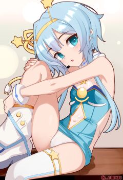 1girl absurdres bare_shoulders blue_eyes blue_hair boots breasts chenki_(chenki) dress headset highres jelly_hoshiumi knee_up looking_at_viewer navel panties phase_connect single_thighhigh sitting small_breasts solo thighhighs twitter_username underwear virtual_youtuber white_panties white_thighhighs