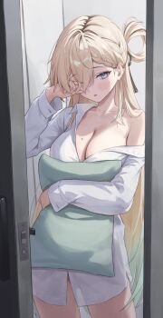 1girl blonde_hair blue_eyes blush braid braided_bangs breasts cleavage collarbone commentary_request doorway gonplap gradient_hair green_hair groin hair_between_eyes hand_up highres holding holding_pill large_breasts long_hair looking_at_viewer lynae_(wuthering_waves) mole mole_on_breast multicolored_hair naked_shirt parted_lips pill pov_doorway rubbing_eyes shirt single_bare_shoulder single_off_shoulder solo very_long_hair white_shirt wuthering_waves