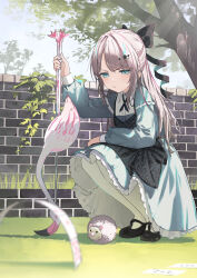 Rule 34 | 1girl, :/, animal, apron, bird, black apron, black bow, black footwear, blue dress, blue eyes, blush, bow, brick wall, card, closed mouth, day, dot nose, dress, flamingo, full body, grass, grey hair, hair bow, half updo, highres, holding, holding animal, ivy, light rays, long dress, long hair, long sleeves, original, outdoors, pantyhose, petticoat, playing card, pleated dress, shadow, shoes, solo, squatting, straight hair, swept bangs, tree, v-shaped eyebrows, wakuseiy, white pantyhose