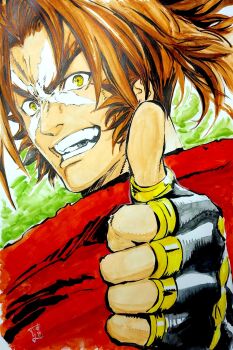 Rule 34 | 1boy, birthday, black gloves, blazblue, blazblue: calamity trigger, blazblue: central fiction, blazblue: chronophantasma, blazblue: continuum shift, brown hair, close-up, cross scar, facial hair, fingerless gloves, forked eyebrows, gloves, highres, imori rf, looking at viewer, male focus, ninja, open mouth, ponytail, red scarf, scar, scar on face, scarf, shishigami bang, sideburns, smile, solo, teeth, thumbs up, yellow eyes