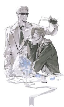 Rule 34 | 2boys, albert wesker, anger vein, blonde hair, blue flower, bouquet, champagne flute, collared shirt, commentary request, cup, drinking glass, flower, gloves, grey jacket, hair slicked back, head on hand, highres, humidifier xd, jacket, leon s. kennedy, male focus, monochrome, multiple boys, necktie, open mouth, parted bangs, pouring onto another, resident evil, shirt, short hair, sketch, suit jacket, sunglasses, upper body, wet, wet hair, white background, white shirt