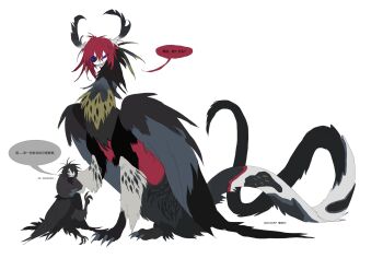 bird_legs black_feathers black_fur black_hair black_wings chinese_text claws clenched_teeth feathers highres kamikiririp multicolored_feathers multicolored_fur multicolored_tail open_mouth original red_hair simple_background sitting size_difference speech_bubble sphinx tail talking teeth white_background white_fur wings yellow_fur