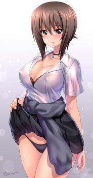 1girl black_bra blush bra bra_visible_through_clothes brown_eyes brown_hair clothes_around_waist clothes_lift cross cross_necklace girls_und_panzer highres jewelry kamogawa_tanuki kuromorimine_school_uniform looking_at_viewer necklace nishizumi_maho school_uniform see-through_clothes see-through_shirt shirt short_hair skirt skirt_lift solo underwear wringing_clothes