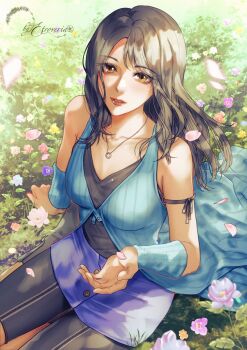 1girl artist_name black_hair cherry_blossoms etroveria eyelashes falling_leaves field final_fantasy final_fantasy_viii flower flower_field grass highres jewelry leaf long_hair looking_at_viewer necklace red_lips rinoa_heartilly signature sitting solo yellow_eyes