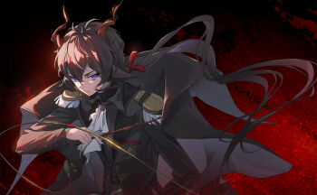 Rule 34 | 1boy, aoba aratame ni, arknights, black cape, black hair, black jacket, bow, cape, closed mouth, collared shirt, commentary request, dress shirt, ebenholz (arknights), epaulettes, floating hair, grey shirt, hair between eyes, hair bow, holding, holding wand, horns, jacket, long hair, long sleeves, low ponytail, male focus, ponytail, purple eyes, red bow, shirt, solo, upper body, v-shaped eyebrows, very long hair, wand