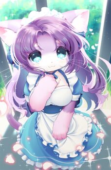 1girl :3 animal_ear_fluff apron apron_grab blue_choker blue_dress blue_eyes breasts choker closed_mouth clothes_grab column commentary cowboy_shot curtained_hair day dress falling_petals foliage framed_breasts frilled_apron frills furry furry_female glowing glowing_petals hand_on_own_chest hand_on_own_crotch highres large_breasts light_smile long_hair looking_ahead maid maid_headdress original petals petite pillar protodesu puffy_short_sleeves puffy_sleeves purple_fur purple_hair short_sleeves solo sparkle standing sunlight waist_apron whiskers white_apron white_petals wind