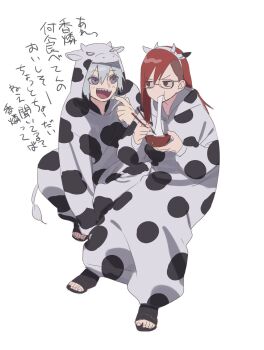 animal_costume animal_ears animal_print annoyed blush boruto:_naruto_next_generations chopsticks cow_costume cow_print eating fake_animal_ears glasses headband highres hoozuki_suigetsu ignoring japanese_text karin_(naruto) looking_at_another naruto_(series) open_mouth pointing pointing_at_self purple_eyes red_eyes red_hair sharp_teeth smile teeth translated white_hair