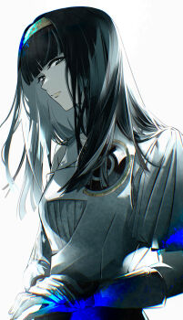 1girl black_eyes black_hair blunt_bangs breasts closed_mouth coldiron dress gloves gnosia hairband highres jewelry limited_palette long_hair long_sleeves looking_at_viewer own_hands_together simple_background solo spot_color upper_body white_background white_dress white_gloves yellow_hairband yuriko_(gnosia)