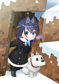 1girl :o absurdres black_boots black_hair black_jacket black_pants blue_bow blue_eyes blush boots bow breasts chain chibi collateral_damage_studios fur_trim hair_intakes highres hololive hololive_english jacket looking_to_the_side medium_breasts minecraft open_mouth ouro_kronii pants snow solo virtual_youtuber waha_(artist) wolf_(minecraft)