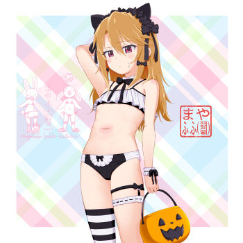 1girl animal_ears arm_behind_head arm_up bare_shoulders bikini black_bikini black_bow blush_stickers bow brown_hair closed_mouth commentary_request fake_animal_ears gothic_lolita hair_between_eyes halloween_bucket highres holding idolmaster idolmaster_cinderella_girls lolita_fashion long_hair looking_at_viewer mayafufu navel red_eyes side-tie_bikini_bottom single_thighhigh small_sweatdrop solo striped_clothes striped_thighhighs sweat swimsuit thighhighs yuuki_haru