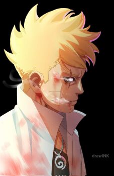 Rule 34 | 1boy, artist name, black sclera, boruto: two blue vortex, bruise, bruise on face, coat, colored sclera, commentary, corrupted twitter file, drawink, facial mark, from side, highres, injury, jewelry, jougan, male focus, naruto (series), neck tattoo, necklace, profile, smoke, solo, tattoo, upper body, uzumaki boruto, whisker markings, white coat, white eyes