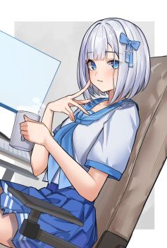 1girl blue_bow blue_eyes blue_neckerchief blue_sailor_collar blue_skirt blush bow chair closed_mouth commentary_request commission computer_keyboard cup grey_hair hair_bow highres holding holding_cup looking_at_viewer neckerchief on_chair original ringozeri sailor_collar school_uniform serafuku short_sleeves shorts sitting skeb_commission skirt solo white_shorts