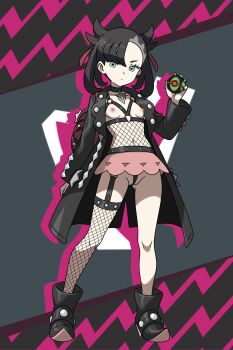 1girl absurdres adapted_costume black_boots black_choker black_coat black_hair black_panties boots breasts choker closed_mouth coat dusk_ball female_focus fishnet_thighhighs fishnet_top fishnets full_body green_eyes hair_horns hair_ribbon highres holding holding_poke_ball hoshi_wo_miru looking_at_viewer marnie_(pokemon) medium_hair microskirt nintendo pale_skin panties petite pink_skirt poke_ball pokemon pokemon_swsh revealing_clothes revision ribbon single_thighhigh skirt small_breasts solo standing thighhighs thong twintails underwear