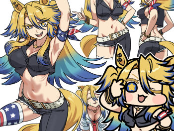 1girl american_flag american_flag_legwear american_flag_print animal_ears arm_up armband armpits asymmetrical_legwear asymmetrical_pants belt black_pants black_shirt blonde_hair blue_eyes blue_hair blush blush_stickers bracelet breasts chibi cleavage ear_ornament flag_print horse_ears horse_girl horse_tail jazz_jack jewelry large_breasts long_hair looking_at_viewer midriff multicolored_hair navel necklace necktie obey_your_master_(umamusume) one_eye_closed open_mouth pants red_necktie shirt single_thighhigh sleeveless sleeveless_shirt smile star-shaped_pupils star_(symbol) star_necklace stomach symbol-shaped_pupils tail teeth thighhighs umamusume umamusume:_cinderella_gray uneven_legwear upper_teeth_only white_belt white_shirt
