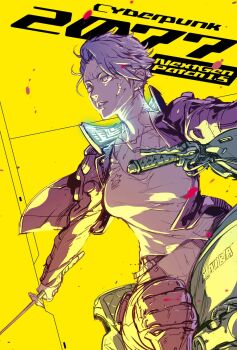 1girl asymmetrical_hair breasts cd_projekt_red cleavage copyright_name cyberpunk cyberpunk_(series) cyberpunk_2077 cyborg highres holding holding_sword holding_weapon jacket large_breasts looking_at_viewer motor_vehicle motorcycle on_motorcycle purple_hair satou_shouji short_hair solo sword weapon