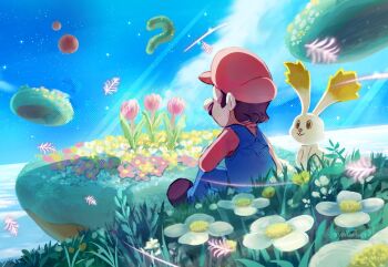1boy blue_overalls blue_sky brown_hair brown_shoes commentary_request flower full_body grass hat long_sleeves male_focus mario mario_(series) nintendo outdoors overalls rabbit red_flower red_hat red_shirt red_tulip shirt shoes short_hair sitting sky star_bunny super_mario_galaxy tulip twitter_username white_flower yellowfrog88