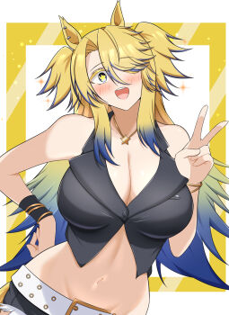 1girl ;d animal_ears armband arn7 bare_shoulders belt black_shirt blonde_hair blue_eyes blue_hair bracelet breasts cleavage colored_eyelashes commentary_request crop_top flag_armband from_side gradient_hair hand_on_own_hip highres horse_ears horse_girl jewelry long_hair looking_at_viewer midriff multicolored_hair navel necklace obey_your_master_(umamusume) one_eye_closed open_mouth shirt sleeveless sleeveless_shirt smile solo star-shaped_pupils star_(symbol) star_necklace symbol-shaped_pupils two-tone_hair umamusume umamusume:_cinderella_gray v white_belt yellow_nails yellow_pupils