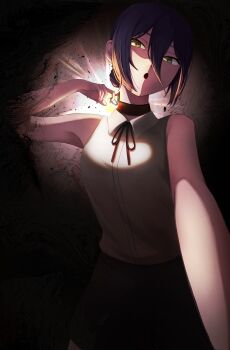 1girl absurdres black_choker black_hair black_ribbon chainsaw_man choker collared_shirt green_eyes grenade_pin grey_shirt hair_between_eyes highres imminent_explosion inamida neck_ribbon open_mouth reze_(chainsaw_man) ribbon shirt shirt_tucked_in sleeveless sleeveless_shirt solo