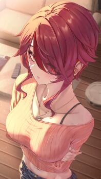 Rule 34 | 1girl, absurdres, alternate costume, arms under breasts, breasts, collarbone, commentary request, crossed arms, denim, ekakemo, eyes visible through hair, from above, genshin impact, hair over one eye, highres, indoors, jeans, jewelry, large breasts, light blush, long sleeves, looking at viewer, midriff, navel, necklace, pants, parted lips, pink shirt, red eyes, red hair, robotic vacuum cleaner, rosaria (genshin impact), shirt, short hair, short hair with long locks, single bare shoulder, single off shoulder, solo