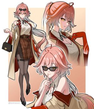 1girl absurdres ahoge alternate_costume bare_shoulders belt black_bag black_pantyhose border breasts brown_coat brown_skirt changli_(wuthering_waves) cleavage closed_mouth clothing_cutout coat colored_extremities commentary english_commentary finger_to_mouth gradient_background hair_between_eyes hand_up highres looking_at_viewer medium_breasts multicolored_hair multiple_views orange_eyes pantyhose pink_hair ponytail red_hands shirt shoulder_cutout shushing skirt smile sunglasses thigh_belt thigh_strap twitter_username two-tone_hair white_border white_hair white_shirt wuthering_waves zoruu21