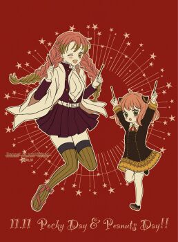 2girls 32ki_25 :o ahoge anya_(spy_x_family) arms_up black_dress blush braid breasts child commentary_request crossover dress eden_academy_school_uniform gradient_hair green_eyes green_hair hairpods highres kanroji_mitsuri kimetsu_no_yaiba large_breasts long_hair long_sleeves looking_at_viewer mole mole_under_each_eye mole_under_eye multicolored_hair multiple_girls multiple_moles open_mouth pink_hair red_background school_uniform smile spy_x_family star_(symbol) twin_braids two-tone_hair