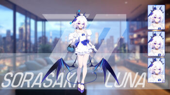 1girl :d absurdres bag black_choker blue_archive blue_eyes blue_halo breasts character_name choker cleavage commentary_request demon_girl demon_horns demon_tail demon_wings dress drill_hair evening_gown expression_chart frilled_dress frills full_body fur_scarf gloves hair_between_eyes halo handbag high_heels highres horns looking_at_viewer luna_(treeplanting) medium_breasts medium_hair open_mouth original pantyhose pointy_ears scarf short_dress sidelocks simple_background sleeveless sleeveless_dress smile solo spaghetti_strap standing tachi-e tail treeplanting white_dress white_gloves white_pantyhose white_scarf wings