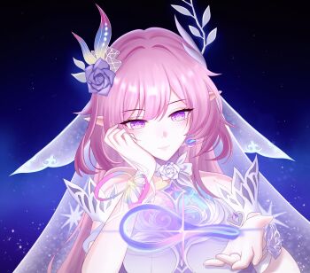 1girl amphoreus_(honkai:_star_rail) bare_shoulders breasts bridal_veil commentary cyrene_(honkai:_star_rail) cyrene_(ripples_of_past_reverie)_(honkai:_star_rail) diamond-shaped_pupils diamond_(shape) dress earrings english_commentary flower hair_flower hair_ornament highres honkai:_star_rail honkai_(series) jewelry large_breasts long_hair mobius_strip pink_hair pointy_ears purple_eyes sky smile solo sonxvvi star_(sky) starry_sky symbol-shaped_pupils veil very_long_hair white_dress