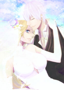 1boy 1girl black_vest bleach blonde_hair blue_eyes breasts bridal_gauntlets bridal_veil closed_eyes clothing_cutout commentary_request dress flower hachiya_nanao hair_flower hair_ornament hetero ichimaru_gin large_breasts long_hair matsumoto_rangiku mole mole_under_mouth sleeveless sleeveless_turtleneck smile sparkle thick_lips turtleneck turtleneck_dress veil vest white_bridal_gauntlets white_dress white_hair