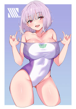 1girl absurdres blush breasts clothes_pull competition_swimsuit covered_navel cowboy_shot freedom_xdrive gridman_universe gridman_universe_(movie) highres large_breasts looking_at_viewer one-piece_swimsuit one-piece_swimsuit_pull open_mouth pulling_own_clothes purple_hair purple_one-piece_swimsuit red_eyes shinjou_akane shiny_skin short_hair smile solo ssss.gridman standing swimsuit