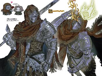 0niku_niku 1boy 1girl 1other ambiguous_gender armor breastplate cape chibi chibi_inset cloak elden_ring full_armor gauntlets greatsword heart helmet holding holding_sword holding_weapon hood hood_up over_shoulder pauldrons shoulder_armor simple_background sword tarnished_(elden_ring) weapon weapon_over_shoulder white_background