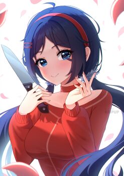 1girl artist_name blue_eyes blue_hair bow bow_choker choker closed_eyes crazy_mita_(miside) falling_petals fingernails flower_hairtie hair_ornament hairband hairclip hands_up highres holding holding_knife keipup kitchen_knife knife long_hair long_sleeves looking_at_viewer low_twintails miside mita_(miside) petals red_bow red_choker red_hairband red_shirt shirt smile solo twintails upper_body