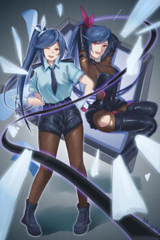 2girls absurdres allen_m._sumner_(azur_lane) allen_m._sumner_(two_faces_of_justice)_(azur_lane) arms_behind_head azur_lane black_necktie black_pantyhose black_shoes blue_hair bodystocking boots bow breasts cleavage covered_armpit gloves hair_bow hand_on_own_hip high_ponytail highres long_hair looking_at_viewer medium_breasts multiple_girls necktie official_alternate_costume one_eye_closed open_mouth pantyhose phantom_thief pink_bow police police_uniform policewoman ponytail qingchen_(111917368) red_eyes shoes short_sleeves swept_bangs thigh_boots torn_bodystocking torn_clothes white_bow white_gloves