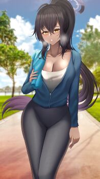 1girl absurdres arm_at_side black_hair blue_archive blue_sky breasts breath cleavage cloud cloudy_sky collarbone commentary dark_skin english_commentary floating_hair hair_between_eyes halo highres holding holding_towel karin_(blue_archive) large_breasts long_hair long_sleeves looking_at_viewer multicolored_hair outdoors pants parted_lips path ponytail rayleigh_scale road sidelocks sky sweat sweat_stain sweaty_clothes tan towel towel_on_one_shoulder track_pants tree two-tone_hair very_long_hair walking workout_clothes yellow_eyes zipper