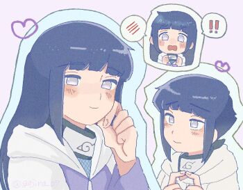 ! !! 1girl :o blush closed_mouth heart hyuuga_hinata jacket konohagakure_symbol long_hair long_sleeves looking_at_viewer multiple_views naruto_(classic) naruto_(series) naruto_shippuuden open_mouth short_hair smile spoken_blush spoken_exclamation_mark tanago_(namiuchigiwa) twitter_username upper_body