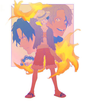 Rule 34 | 3boys, commentary request, earrings, freckles, full body, hat, highres, holding, holding unworn clothes, holding unworn hat, jewelry, looking at viewer, male focus, monkey d. luffy, multiple boys, one piece, open mouth, pearl earrings, portgas d. ace, sabo (one piece), sandals, scar, scar on chest, scar on face, shiraumi8351, short hair, shorts, smile, straw hat, unworn hat, unworn headwear