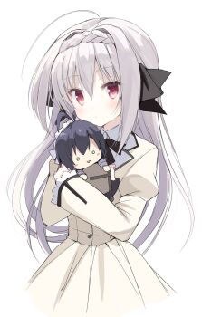 1girl black_bow black_bowtie bow bowtie braid character_doll commentary crown_braid doll dress hair_bow highres holding holding_doll long_hair ookura_yuusei red_eyes sakurakouji_luna solo takepoison tsuki_ni_yorisou_otome_no_sahou very_long_hair white_background white_hair