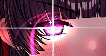 1girl 2na_(blue2na) absurdres black_hair blush chisa_(wuthering_waves) commentary english_commentary eye_focus glint hair_ribbon highres looking_at_viewer mole mole_under_eye pink_eyes red_ribbon ribbon social_media_composition solo wuthering_waves