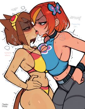 2girls absurdres alternate_costume animal_ears ass bikini blush breast_press breasts breasts_squeezed_together butterfly_(planetronika) butterfly_hair_ornament cat_ears cat_girl cat_tail clash_of_breasts_(meme) cleavage cleavage_cutout clothing_cutout crossover curvy dutch_angle english_text eye_contact face-to-face female_focus french_kiss gameoverse grin hair_ornament hands_on_own_hips highres huge_ass kiss kit_bodega large_breasts looking_at_another lowleg lowleg_bikini maddiedobles midriff multiple_girls navel official_alternate_costume orange_hair planetronika shaded_face sharp_teeth shiny_skin short_hair smile sweat swimsuit symmetrical_docking tail teeth thong thong_bikini tongue tongue_out trembling whiskers white_background wide_hips yellow_bikini yuri