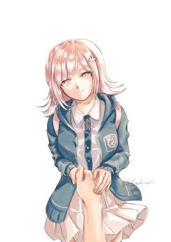 1girl breasts brown_hair collared_shirt commentary_request cowboy_shot danganronpa_(series) danganronpa_2:_goodbye_despair flipped_hair hair_ornament highres hood jacket large_breasts long_sleeves looking_at_viewer medium_hair mochinokifuyu nanami_chiaki neck_ribbon open_clothes open_jacket pink_eyes pink_ribbon pleated_skirt ribbon shirt simple_background skirt smile solo_focus white_background white_shirt