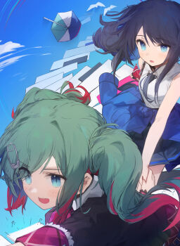 2girls :d :o absurdres aoku_kakero_(vocaloid) bird black_shirt black_skirt blue_eyes blue_hair blue_jacket blue_sky blush clothes_around_waist cloud collared_shirt colored_inner_hair commentary eyes_visible_through_hair floating_stairs green_hair hair_over_one_eye hatsune_miku highres holding_hands hoshino_ichika_(project_sekai) jacket jacket_around_waist leo/need_miku long_hair mihoranran multicolored_hair multiple_girls open_mouth piano_keys pleated_skirt project_sekai purple_hair raised_eyebrows red_hair safety_pin shirt short_sleeves short_twintails sidelocks skirt sky sleeveless sleeveless_shirt sleeves_rolled_up smile swept_bangs teeth twintails two-tone_hair umbrella upper_body upper_teeth_only v-shaped_eyebrows vocaloid white_shirt