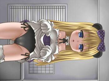 Rule 34 | 1girl, awa, black panties, blonde hair, blue eyes, blush, bow, clothes lift, dress, gloves, hair bow, hen zemi, lolita fashion, long hair, makiko gregory, panties, polka dot, skirt, skirt lift, underwear, upskirt