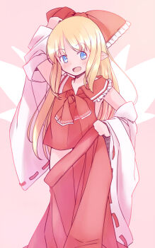 Rule 34 | 1girl, :d, armpits, blonde hair, blue eyes, blush, bow, collared shirt, commentary request, cosplay, detached sleeves, fairy, fairy wings, feet out of frame, frilled bow, frilled shirt collar, frills, hair bow, hakurei reimu, hakurei reimu (cosplay), hand on own hat, lily white, long hair, neckerchief, no fingers, open mouth, pink background, pointy ears, rangycrow, red bow, red neckerchief, red shirt, red skirt, shirt, sideways glance, skirt, skirt hold, smile, solo, touhou, wings