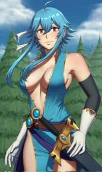1girl ahoge armpits belt blue_hair blue_sky blue_tunic blush breasts brooch cleavage cloud commission commissioner_upload earrings elbow_gloves fire_emblem fire_emblem:_genealogy_of_the_holy_war forest gloves headband highres holding holding_sword holding_weapon if_they_mated jewelry looking_at_viewer mangho nature nintendo open_clothes open_shirt original outdoors pelvic_curtain popped_collar purple_eyes sash selia_(mrtalkingdino) sheath sheathed short_hair sideboob sidelocks sky smile solo standing sword thighs tomboy tree tunic unbuttoned unbuttoned_shirt underboob weapon white_headband