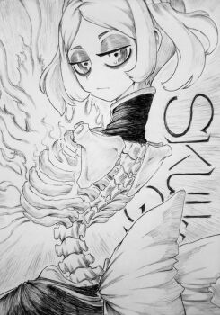 1girl absurdres bloody_marie_(skullgirls) chronozbergh closed_mouth commentary copyright_name english_commentary fire from_behind graphite_(medium) greyscale highres jitome looking_at_viewer looking_back medium_hair monochrome ribs skullgirls solo spine traditional_media