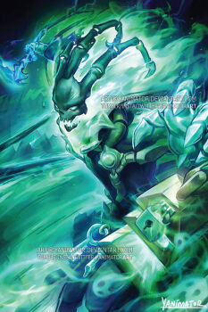 1boy artist_name commentary english_commentary fire ghost green_fire holding holding_weapon kevin_yan league_of_legends lock male_focus solo thresh_(league_of_legends) upper_body watermark weapon
