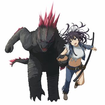1girl :d absurdres asymmetrical_clothes black_eyes black_hair boots brown_boots clothing_cutout commentary commission cowboy_boots crossover denim denim_jacket godzilla godzilla_(monsterverse) godzilla_(series) godzilla_evolved godzilla_x_kong:_the_new_empire hair_ribbon highres jacket kaiju kanzaki_kaori katana king_kong_(series) legendary_pictures locked_arms long_hair midriff monster monsterverse multiple_crossover navel open_mouth ponytail ribbon sharp_teeth sheath sheathed shichiten_shichitou shirt single_pantsleg smile sword tatararashi teeth tied_shirt toaru_majutsu_no_index toho weapon white_background white_shirt