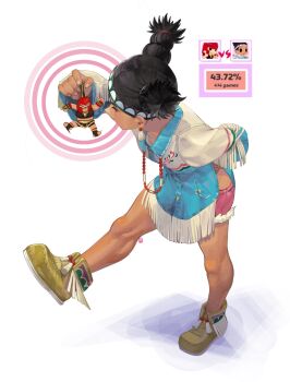 >_< 2girls black_hair blue_dress chibi commentary cutoffs dark-skinned_female dark_skin denim denim_shorts dress english_commentary gameplay_mechanics headband highres holding holding_mini_person impossible_hair jewelry lily_hawk marisa_(street_fighter) medium_hair mini_person minigirl moccasins multiple_girls namamo_(squidrilling) native_american native_american_clothes necklace pearl_necklace pink_shorts short_twintails shorts solo_focus street_fighter street_fighter_6 tassel twintails vs walking