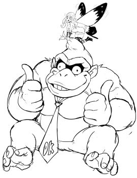 airy_(bravely_default) ass bravely_default_(series) breasts cleavage donkey_kong donkey_kong_(series) dress fairy fairy_wings gorilla grabbing_another&#039;s_hair highres holding_another&#039;s_hair large_breasts long_hair nintendo sketch straight_bangs strapless strapless_dress sweat sweatdrop teevo thumbs_up tie tube_dress wings