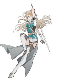 absurdres blonde_hair boots braid breasts closed_mouth commission crown_braid double-parted_bangs eiyuu_densetsu elaine_auclair english_text floating_hair full_body gloves green_eyes hair_between_eyes harukaka030 highres holding holding_sword holding_weapon kuro_no_kiseki_(series) kuro_no_kiseki_i looking_at_viewer medium_breasts mixed-language_commentary simple_background single_braid sword tachi-e thigh_boots twitter_username watermark weapon white_background white_boots