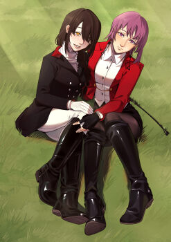 2girls absurdres black_boots black_coat black_gloves black_hair black_pantyhose black_skirt boots brown_eyes chainsaw_man coat collared_shirt commentary commission cosiecottage english_commentary fami_(chainsaw_man) fingerless_gloves gloves hair_over_one_eye highres jacket knee_boots long_sleeves looking_at_viewer multiple_girls nayuta_(chainsaw_man) on_grass open_clothes open_jacket pantyhose parted_lips purple_eyes purple_hair red_jacket riding_boots riding_crop riding_outfit second-party_source shirt short_hair sitting skirt smile white_gloves white_pantyhose white_shirt yuri